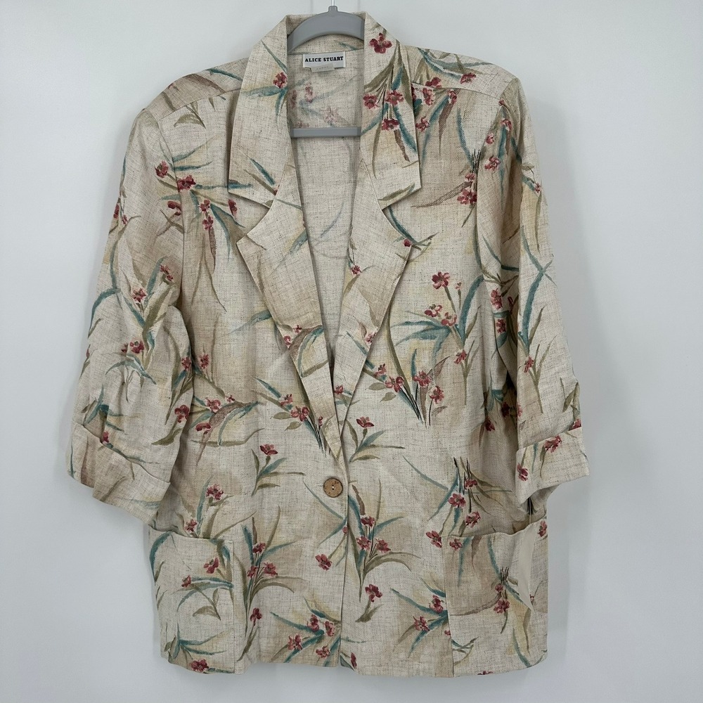 Womens Vintage Floral Cottagecore Blazer Sz L Jacket Shabby Chic Linen Blend 90s